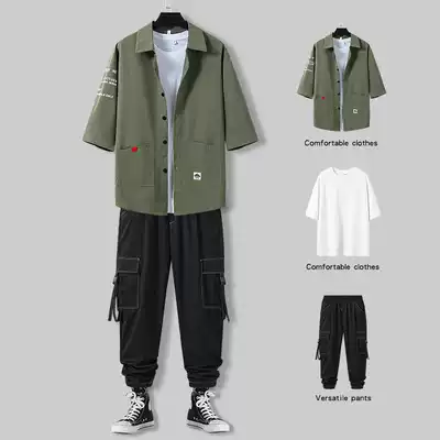 Short-sleeved tooling shirt boys summer ruffian handsome design sense niche three-quarter sleeve jacket trend with handsome suit