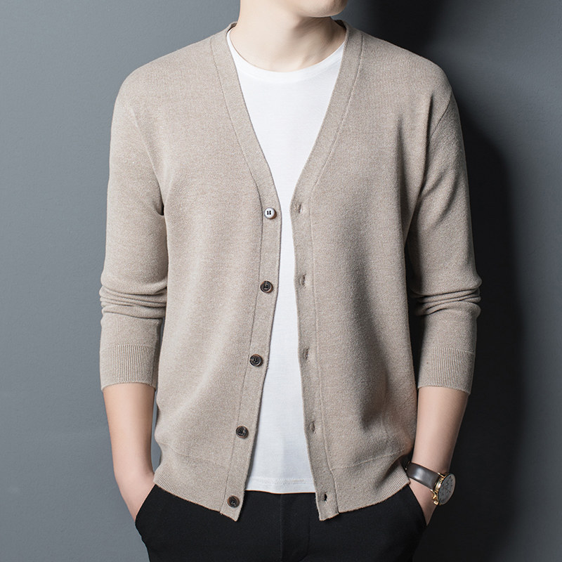 Spring and Autumn Thin Simple Solid Color V-Neck Knitted Cardigan Men's Casual Versatile Sweater Air Conditioning Jacket