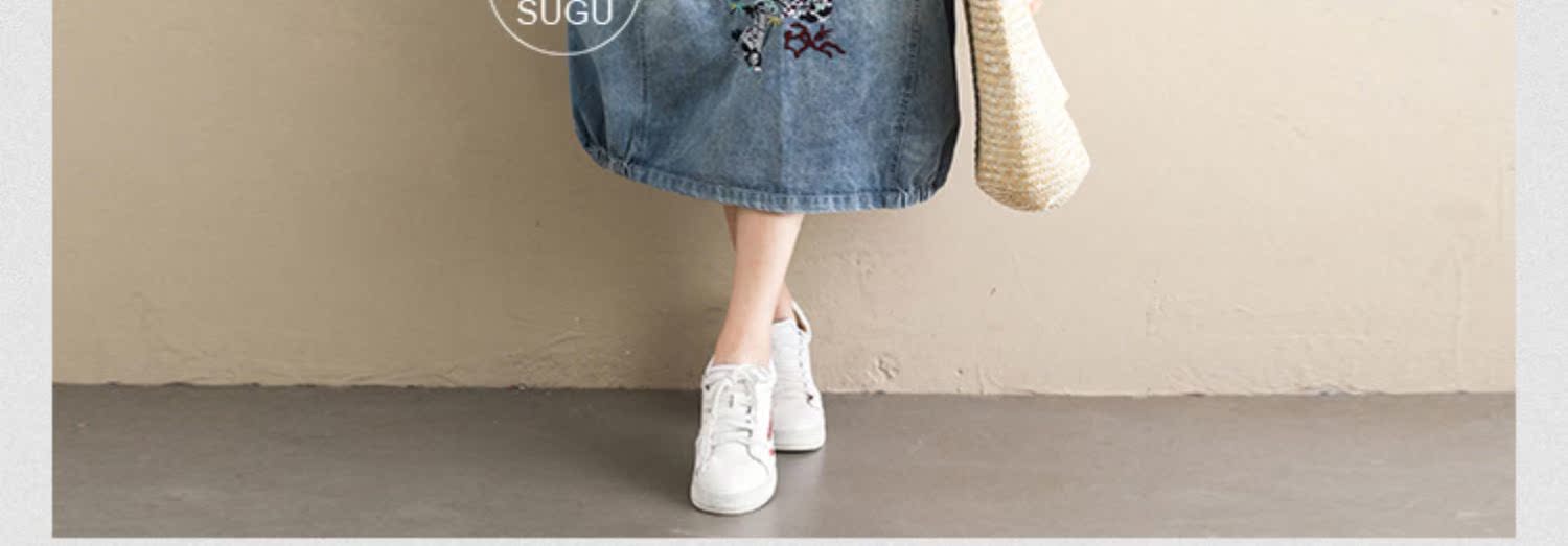 Váy Su Su denim nữ 2019 mới xuân hè cao eo co giãn hoa váy váy phiên bản Hàn Quốc của váy dài mỏng - Váy chân váy xẻ tà