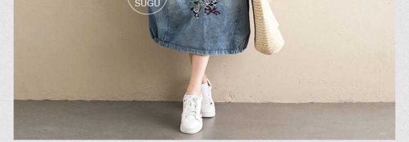 Váy Su Su denim nữ 2019 mới xuân hè cao eo co giãn hoa váy váy phiên bản Hàn Quốc của váy dài mỏng - Váy