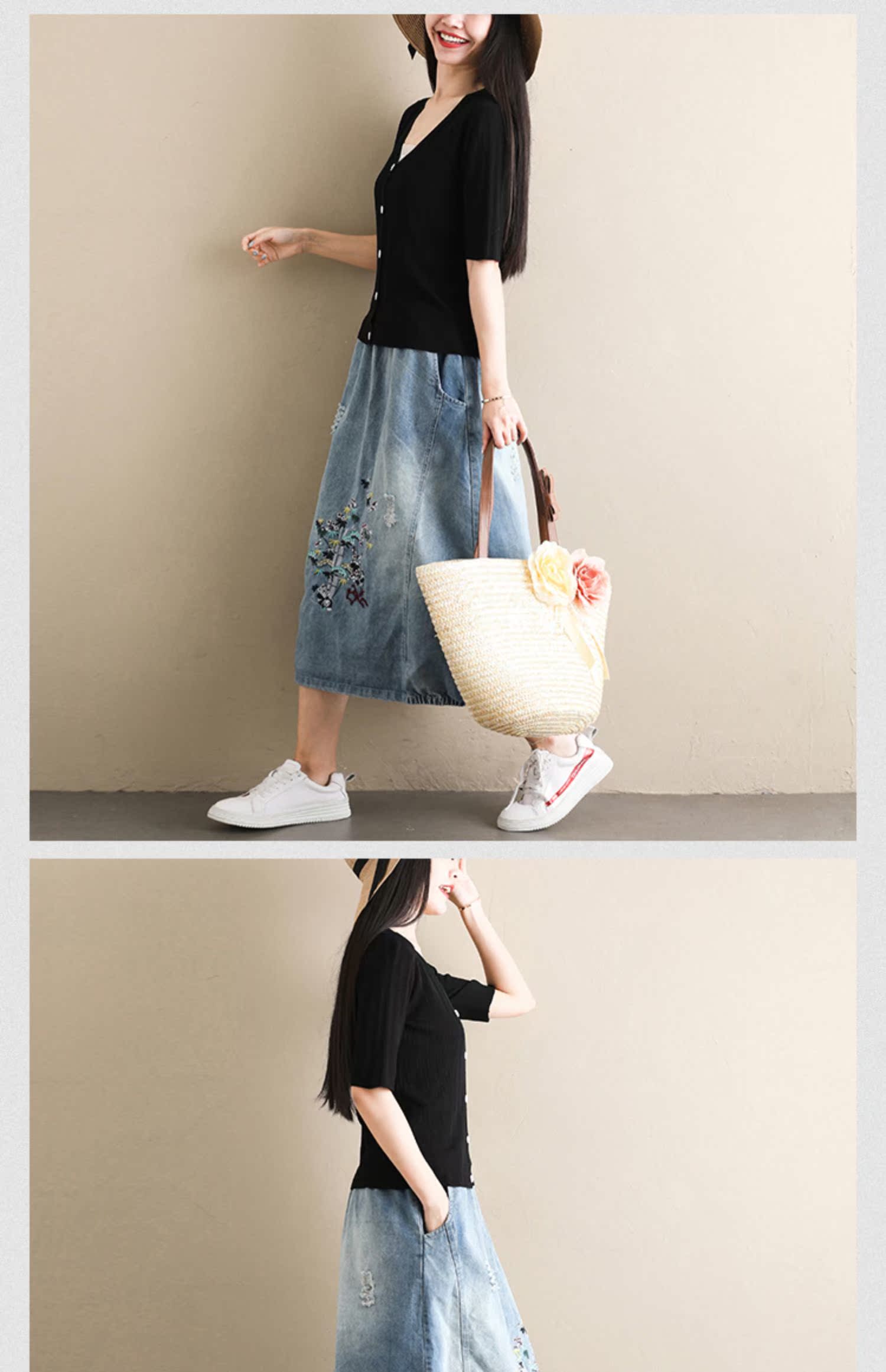 Váy Su Su denim nữ 2019 mới xuân hè cao eo co giãn hoa váy váy phiên bản Hàn Quốc của váy dài mỏng - Váy chân váy xẻ tà