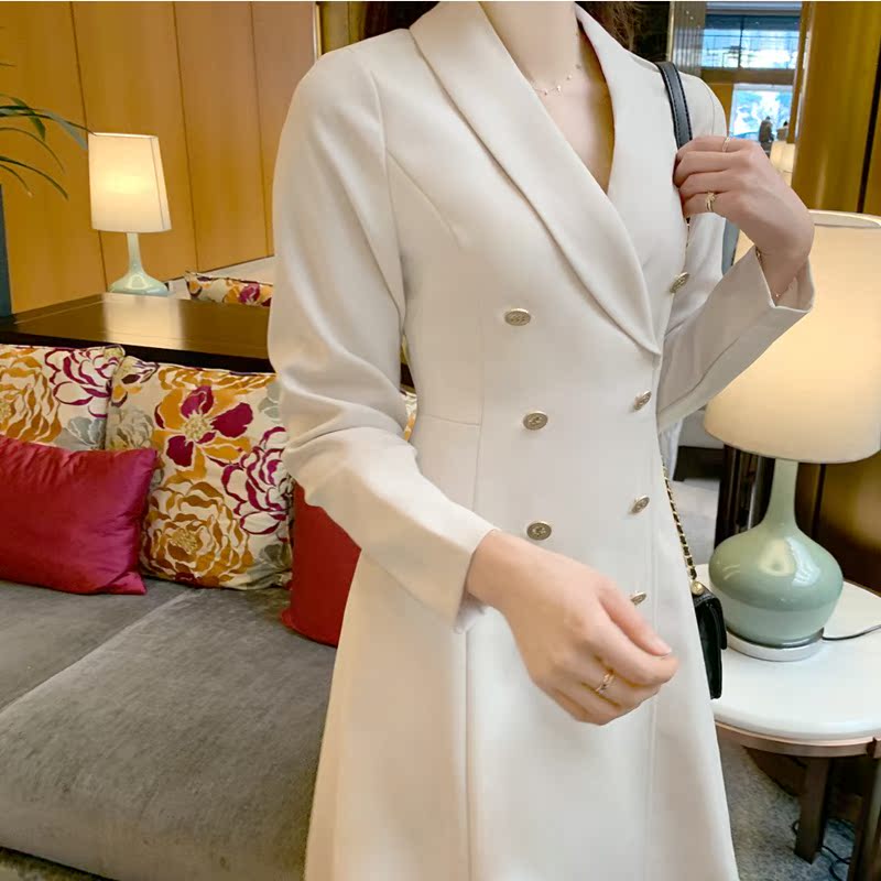 Double-breasted suit collar long-sleeved dress ladies spring new mid-length commuting professional OL Korea
