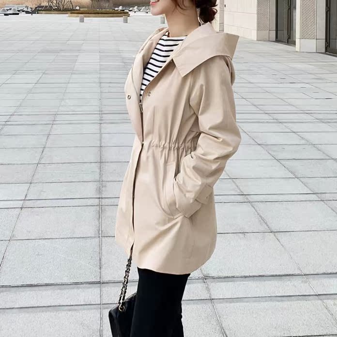 Hooded Chic Collar Windbreaker Jacket Drawstring Waist Casual All-match Slim Korean Autumn New Style
