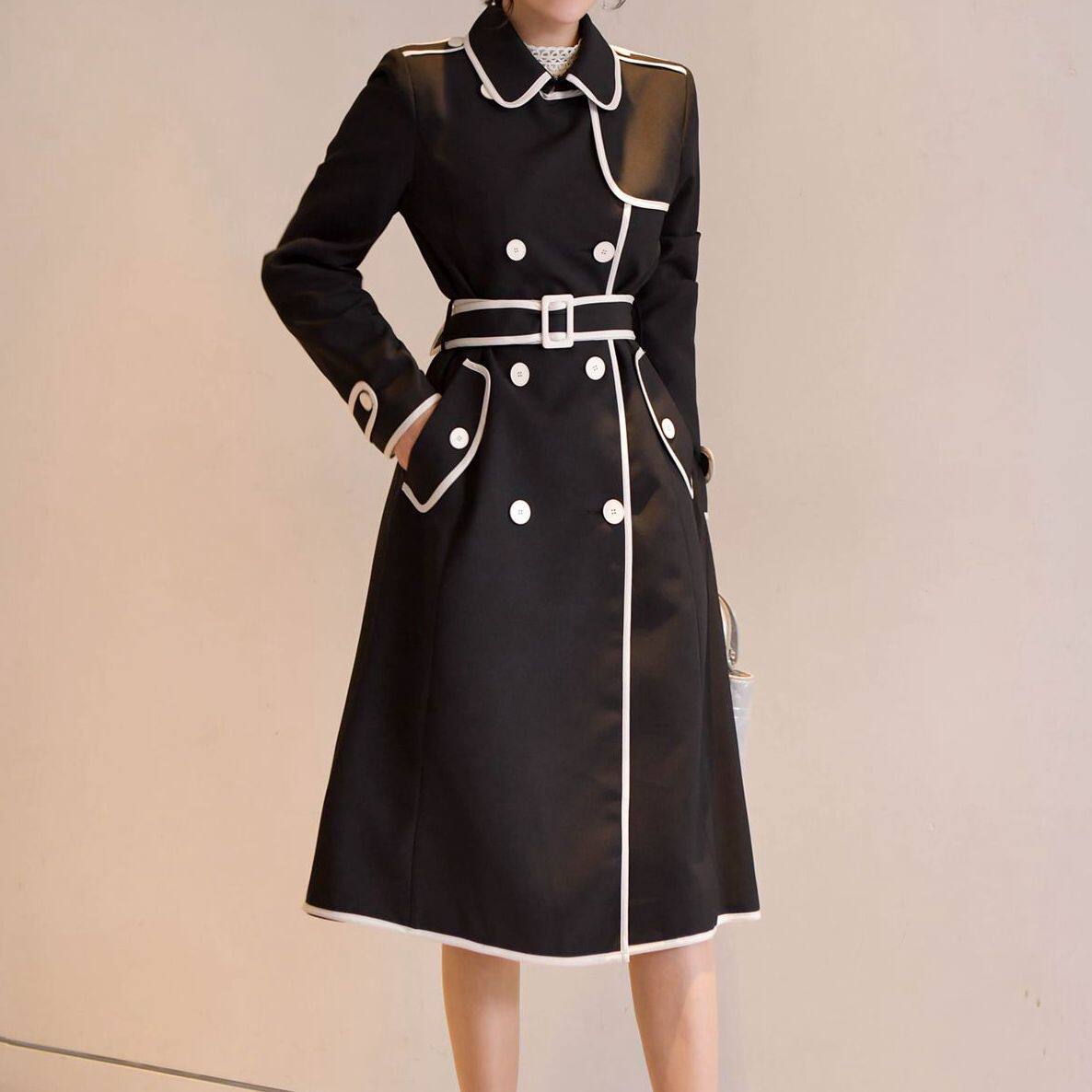 Color Rolling Side Cognitive Temperament Windcoat Jacket Mid-long version Career commuter Korea Autumn Dress New