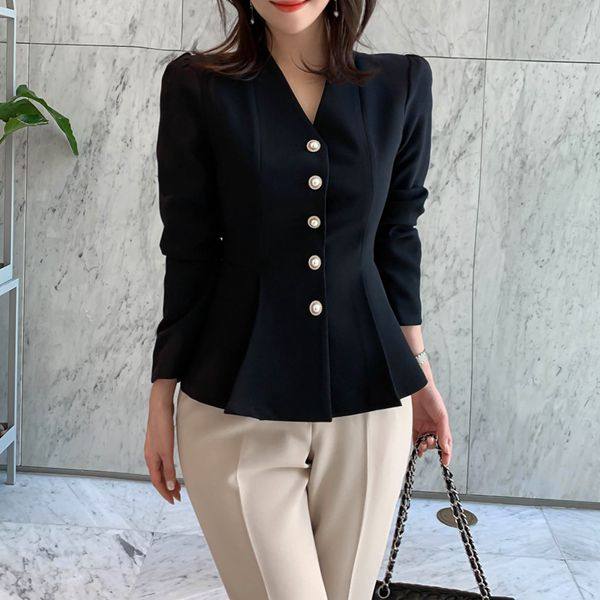 V Collar Pearl Tie buckle closed waist display slim jacket Short suit 100 lap South Korea spring new