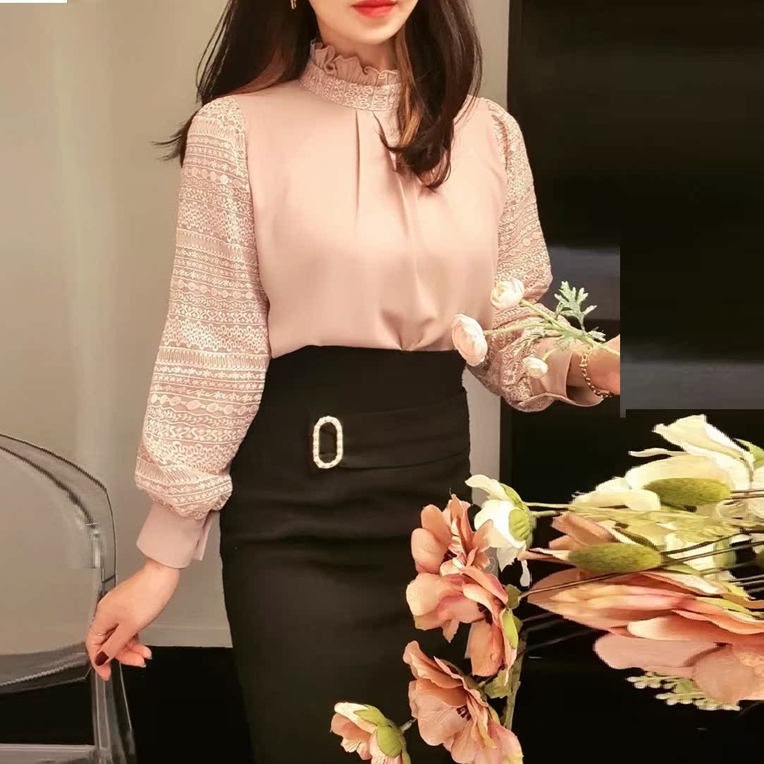 Lace Double Lantern Long Sleeve Shirt Woman Dress Winter New lining jacket headliner to commute South Korea