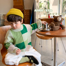 Childrens color-blocking cashmere plaid sweater temperament 2022 autumn new products boys and girls baby knitted pullover trend