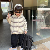 Childrens striped hooded sweater girls and boys 2022 autumn cardigan coat baby loose top trendy all-match coat