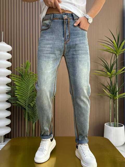 Summer ໃຫມ່ເອີຣົບ jeans ຜູ້ຊາຍບາດເຈັບແລະກາງເກງຂາຊື່ elastic slim ເຫມາະຂະຫນາດນ້ອຍຂາ pants versatile ອິນເຕີເນັດສະເຫຼີມສະຫຼອງ pants ສໍາລັບຜູ້ຊາຍ