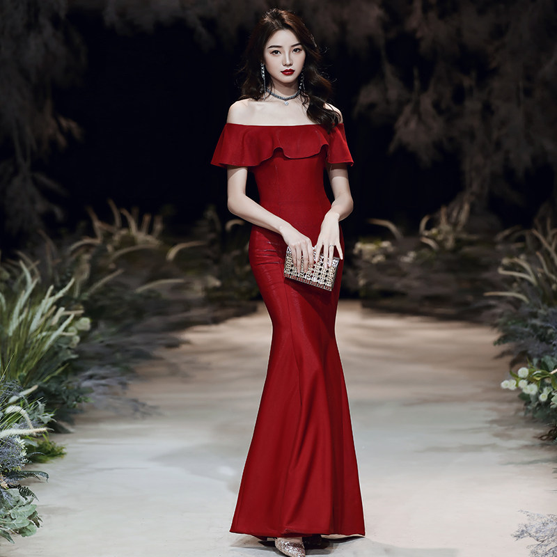 Toast with wine red brides 2021 Summer new banquet Long version of the shoulder fish tail high-end Slim Evening Dress