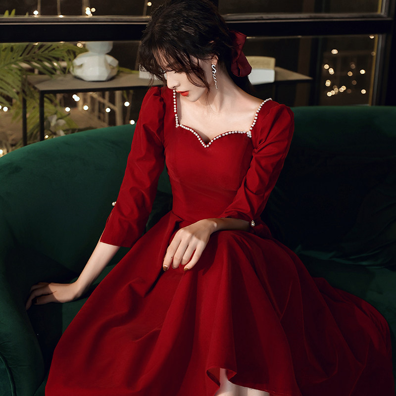 Velvet bridal toast with wine red normally can wear long sleeves 2021 new wedding gown banquet temperament slim