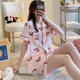 Màu hồng dâu bông đồ ngủ womens mùa hè cardigan ngắn tay áo bộ sinh viên mùa xuân và mùa thu lỏng quần áo gia đình mỏng có thể mòn bên ngoài.