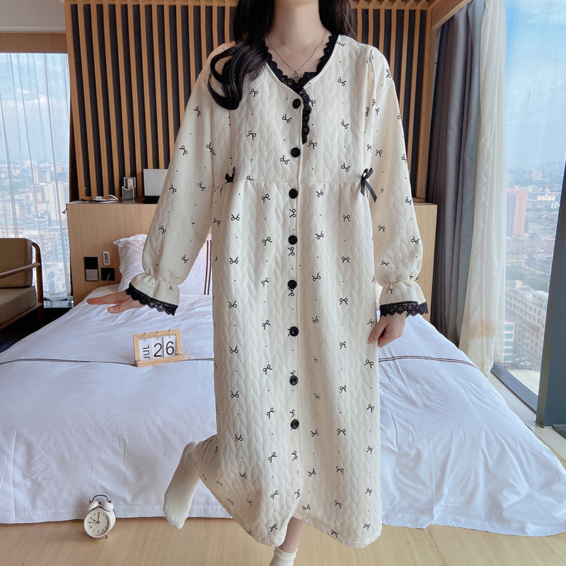 Nursing Nightgown, Autumn and Winter Long Thickened Maternity Pajamas, Spring and Autumn Prenatal Check-Up and Maternity Dress, Air Cotton Postpartum Confinement Clothing