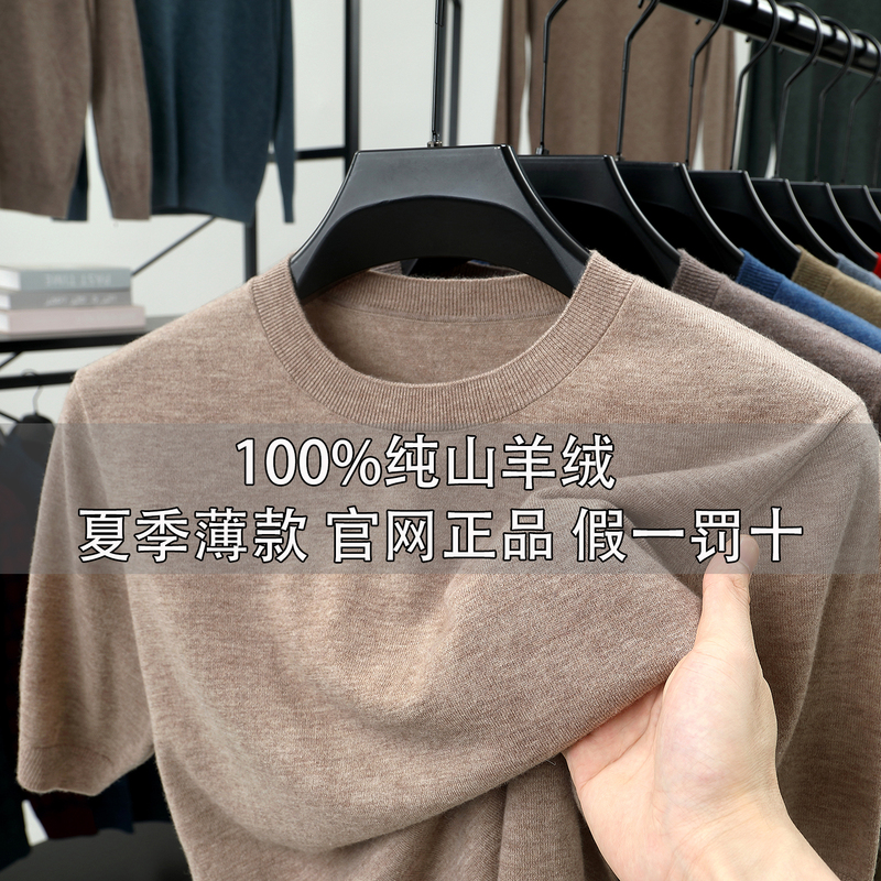 Ordos City's New Summer Thin 100% Pure Cashmere Sweater Men's Round Neck Short-Sleeved T-Shirt Knitted Sweater