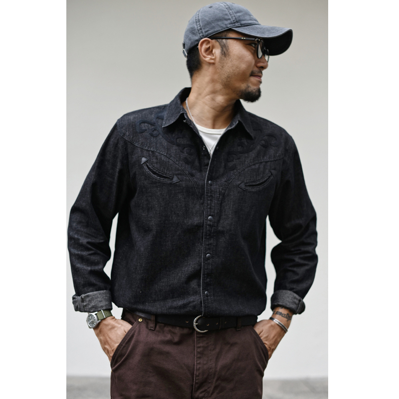 Dip-Dyed Wool Embroidery Denim Shirt for Men, Western Shirt, Men's Long-Sleeve Solid Color Casual Shirt, Khaki Vintage, Autumn