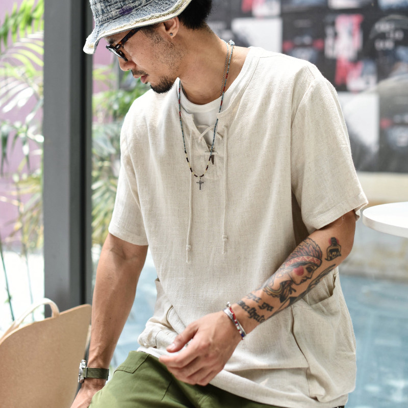 Dip sauce rope linen shirt Men's summer men's short sleeve shirt Vintage short sleeve men's casual shirt men's tie