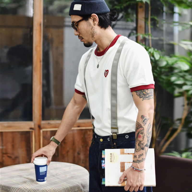 Dip sauce ringer embroidery T-shirt Short sleeve T-shirt men heavy cotton men's t-shirt short sleeve crew neck T-shirt