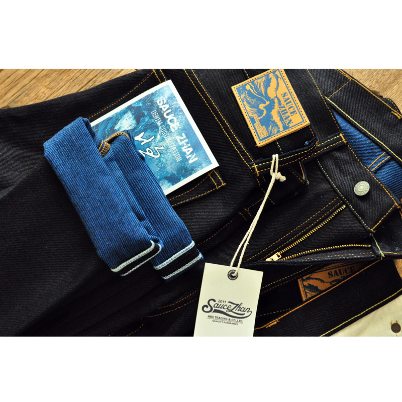 Heavyweight 20.5oz Ocean 315 Double-Dyed Men's Jeans, Slightly Tapered Vintage Trousers, Selvedge Denim Khaki