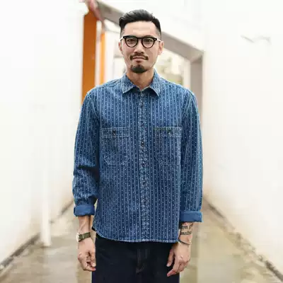 Sauce Red Ear Pull Dyeing Square Denim Shirt Men Long Sleeve Cotton Pure Cotton Pure Casual Shirt Vintage