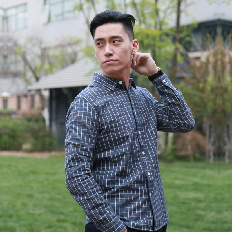 沾酱 经典修身复古格子衬衣 男士格子长袖全棉纯棉纯色休闲衬衫