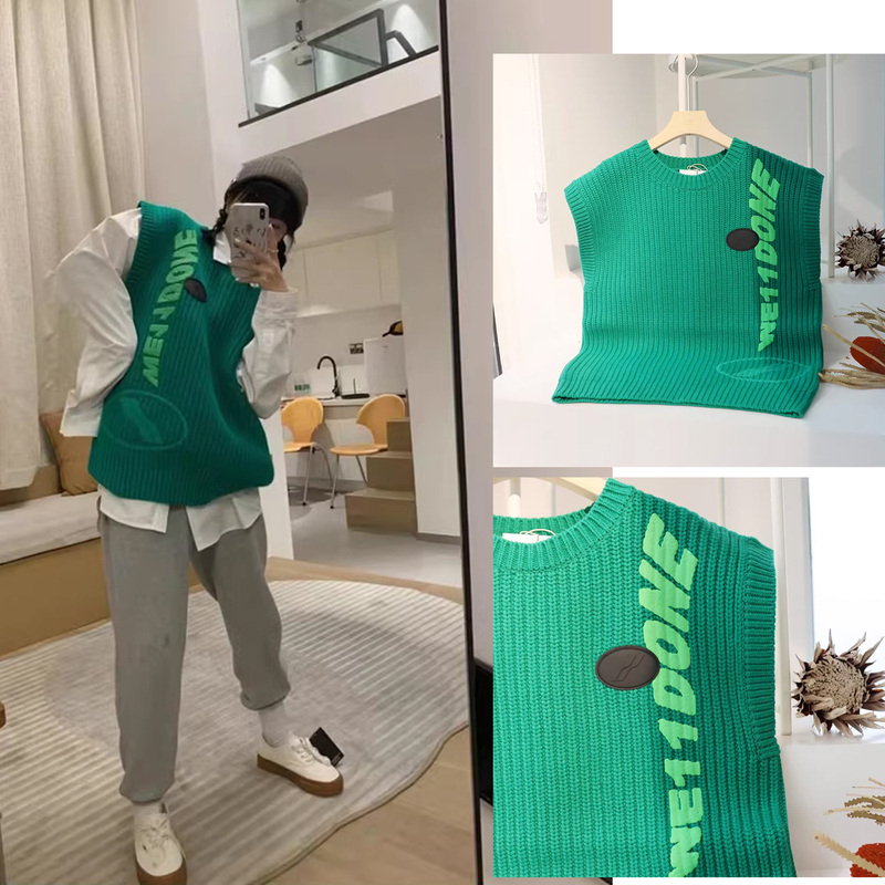 Zhao Xiaotang's Same Style in Stock We11Done Wool Letter Print Collar Loose Pullover Knitted Sweater Vest