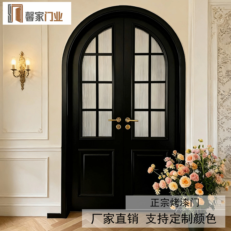 Arched Door, Curved Door, French Retro Lacquered Solid Wood Door, Black American-Style Clothing Store Room, Arc Double Door Arched Door, Curved Door, French Retro Lacquered Solid Wood Door, Black American-Style Clothing Store Room, Arc Double Door