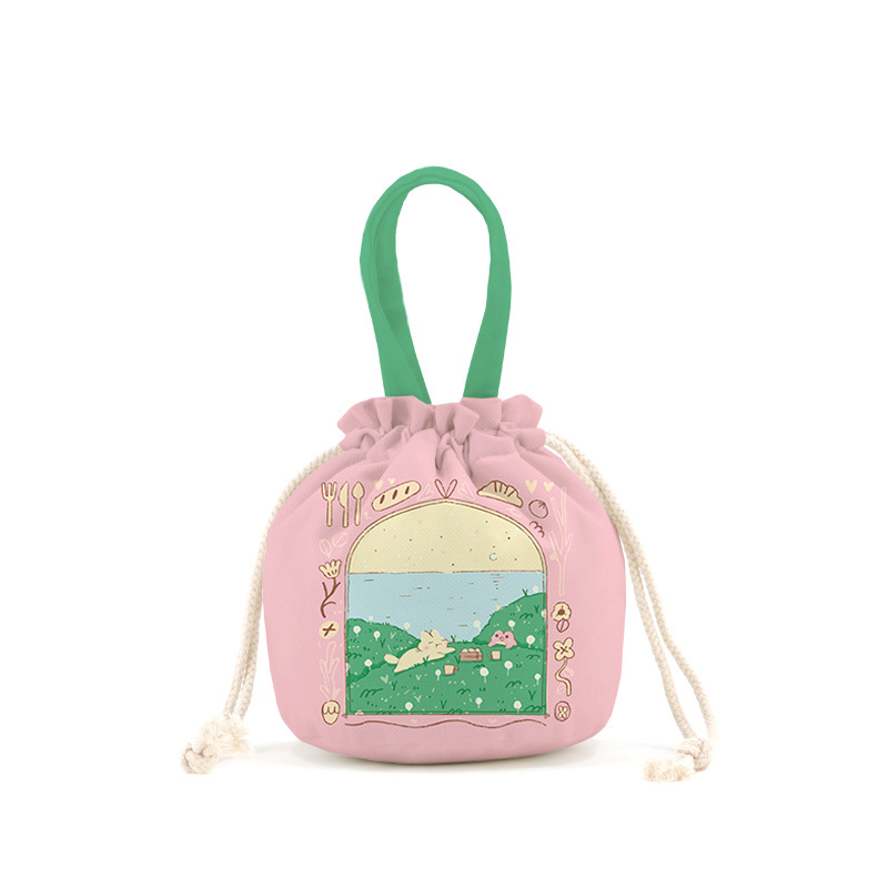 Cartoon Cats in the Backyard Are Cute ins Trendy Niche Design Canvas Bag Drawstring Pouch Japanese-Style Lunch Bag