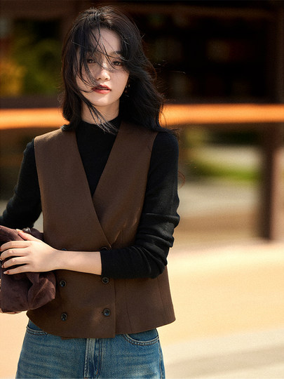 Xiaohan Pavilion [Unique Style, Casual Retro] Fashionable and Elegant Wool V-Neck Double-Breasted Vest 25 Autumn/Winter