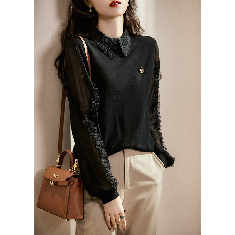 The Smiley Culvert Elegant Temperament Micro-Penetrating Lace Splicing Cuff Polo Collar Wool Knit Cardiovert ZYO461011AG