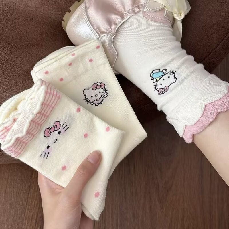 Ins Japanese Style Sweet Cartoon Lace Long Socks Autumn and Winter Kt Cat Socks Women's White Long Socks Women's Mid-Calf Socks