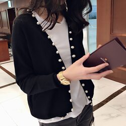 South Korea Dongdao Women's 2024 spring new sweater long sleeve loose jacket short pearl knit cardigan female
