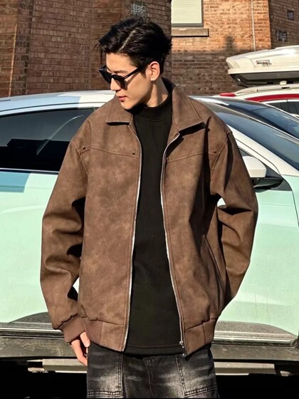 网红PU皮美式复古铆钉夹克男春秋款翻领棒球服美拉德情侣皮衣外套