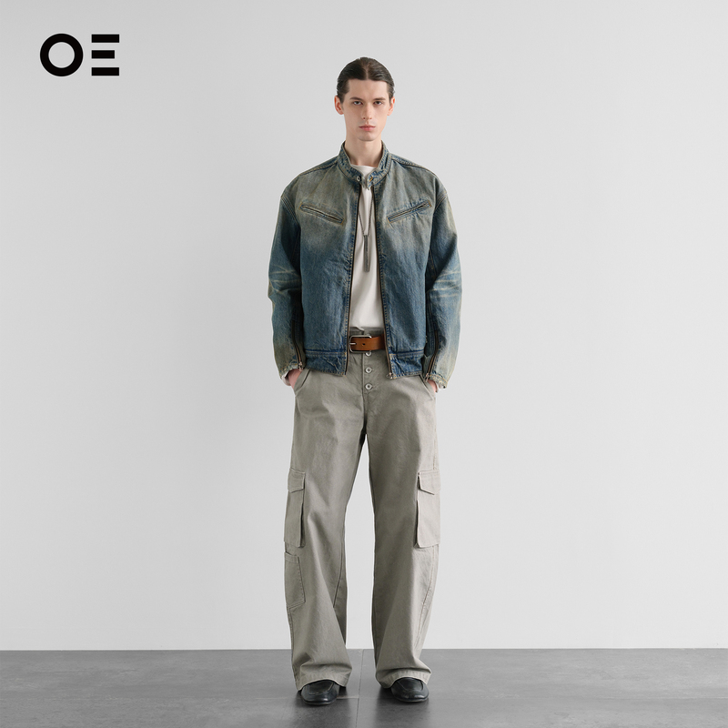 Organic Emotion Heavy-Duty Washed Denim Jacket Retro Distressed Zipper Racing Stand Collar Jacket Oe