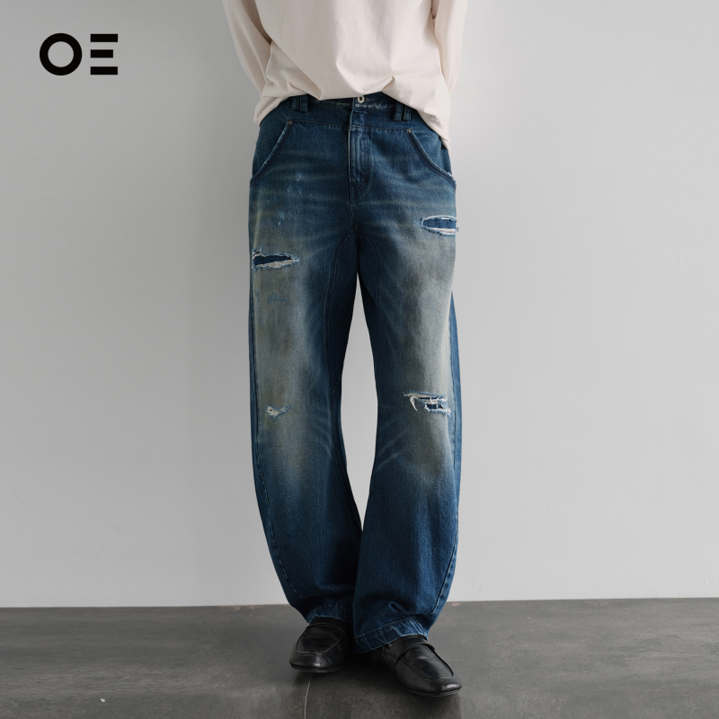 Organic Emotion Heavy-Duty Washed Jeans Vintage Distressed Patchwork 3D Cut Long Pants Oe
