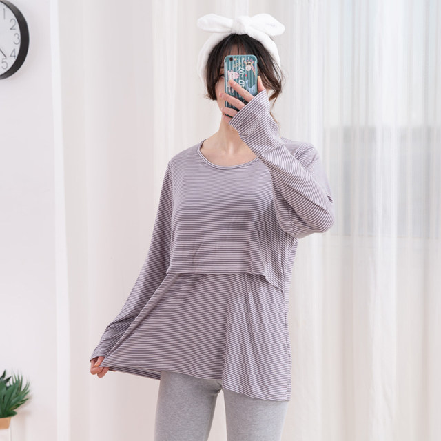 Summer Thin Modal Nursing Top Long Sleeve Nursing Clothes XL 200 Jin Postpartum Confinement Clothes With Breast Pads