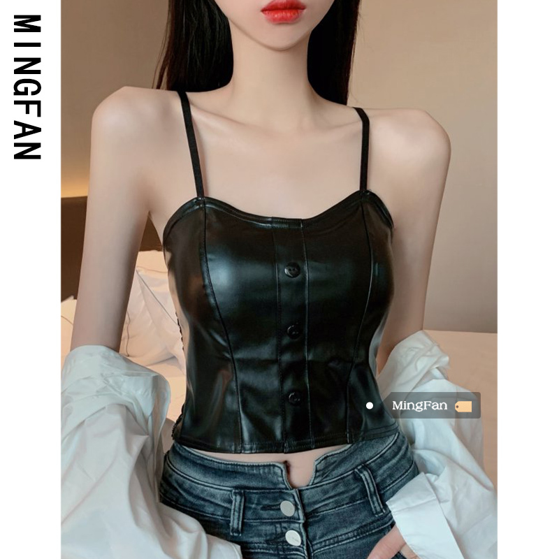 2026 New Early Spring Women's Clothing with Chest Pads, Black Warm Vest, Sexy Style Pu Leather Camisole Trendy Top 2026 New Early Spring Women's Clothing with Chest Pads, Black Warm Vest, Sexy Style Pu Leather Camisole Trendy Top