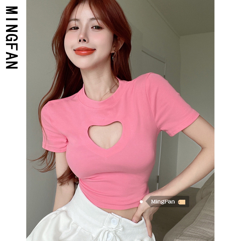 2026 New Summer Women's Fashion Hot Girl Heart Hollow-Out Short Top Pink Round Neck Short-Sleeve T-Shirt ins Trendy