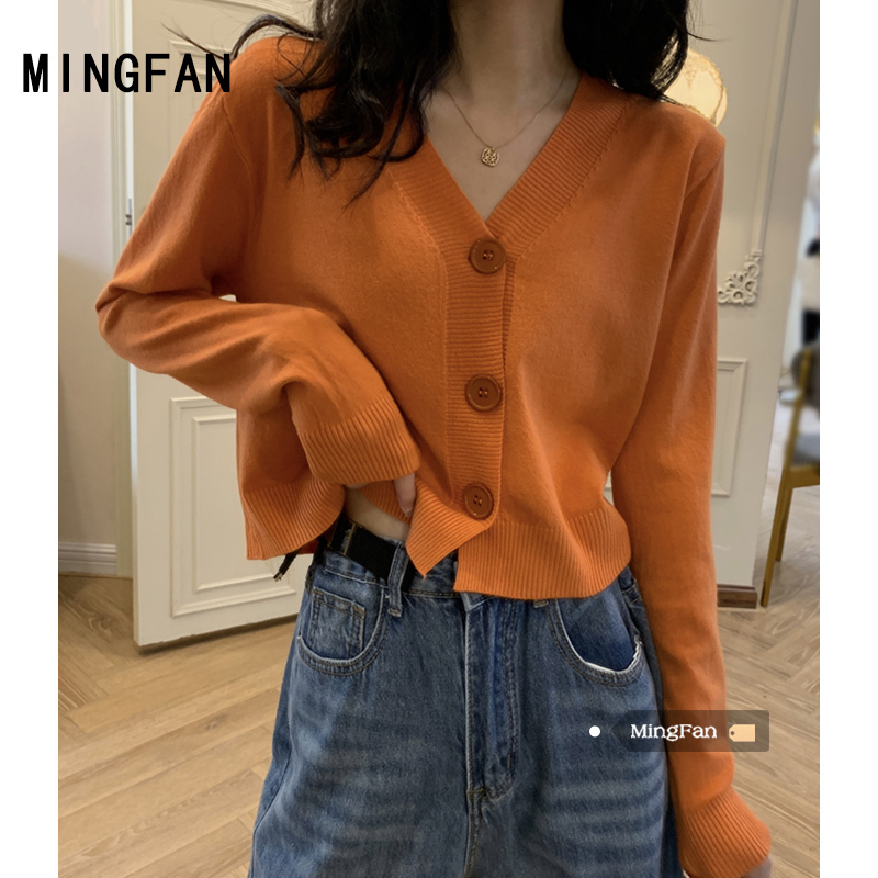 2026 Spring and Autumn New Women's Korean Style Fashion Simple V-Neck Knitted Top Sweater Long Sleeve Short Cardigan Trendy