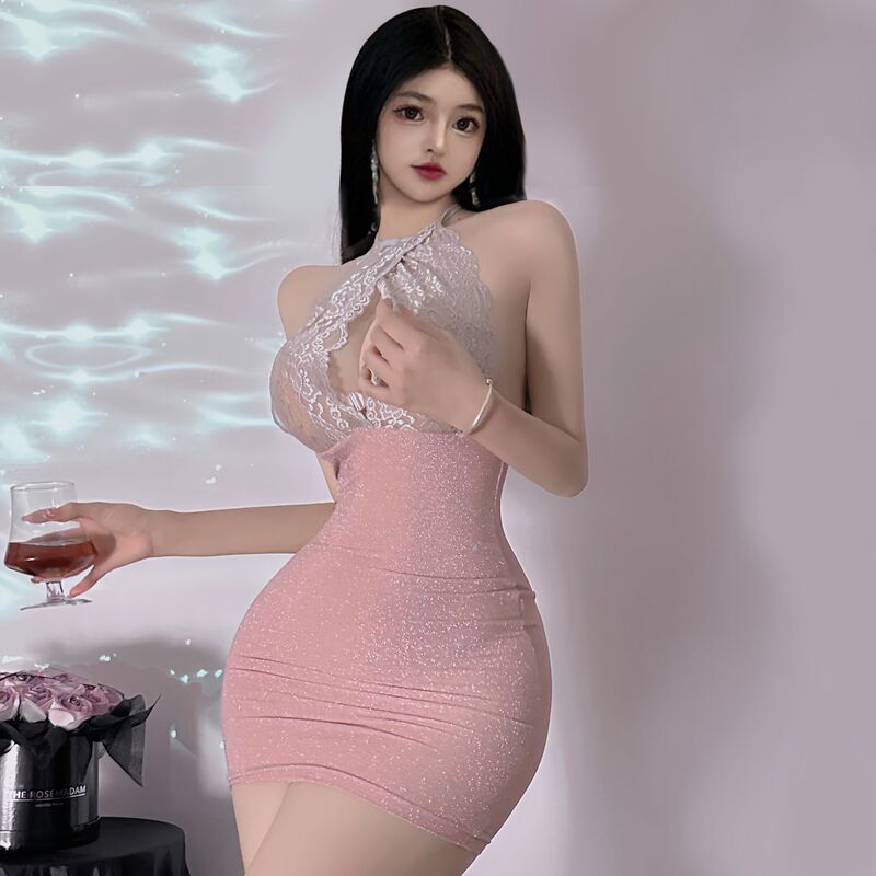 President's Secretary Nightclub Influencer Dress, Elegant, Slim-Fitting, Sexy, Backless, Lace Splicing, Bodycon Dress, Halter Neck, Mesh