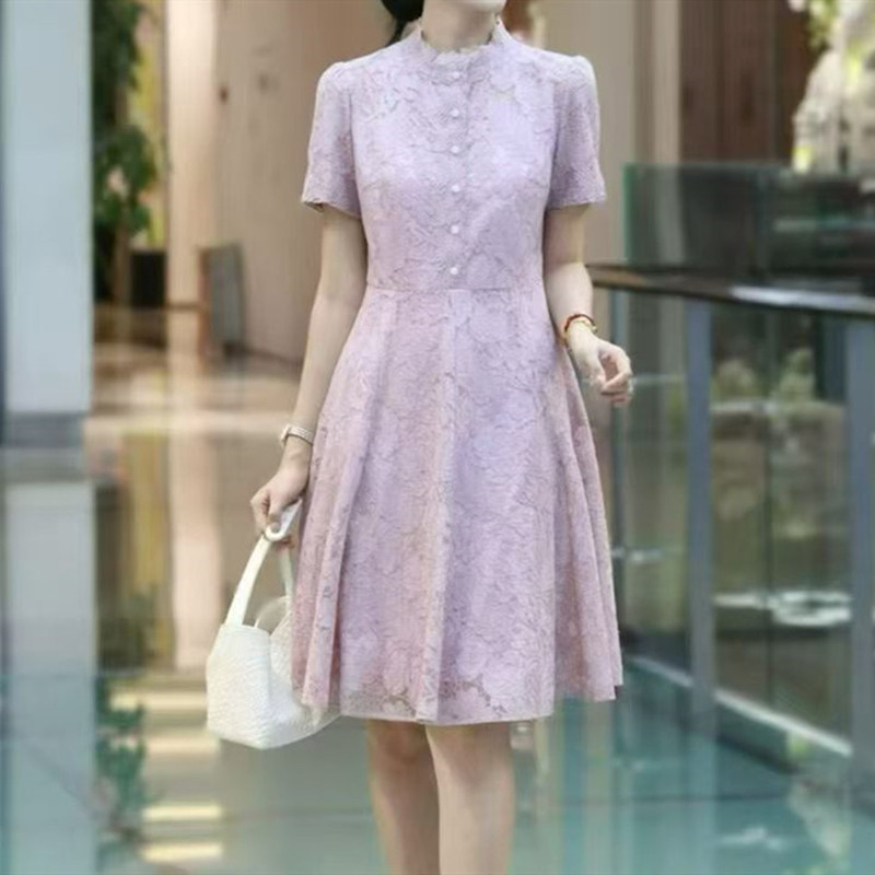 Vicognas Dzvgrass 26 Summer Heavy Industry Laser Embroidered Lace Stand Collar Waist-Cinching Dress 2284C