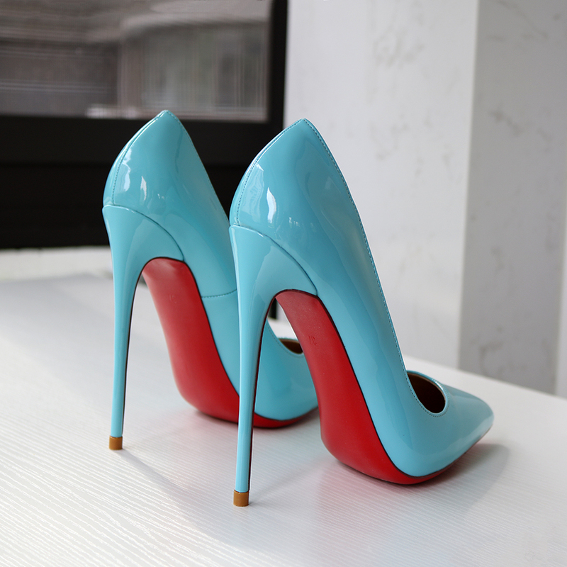 Red Sole, Lake Blue Patent Leather Pointed Toe Ultra-High Heels, Stiletto Heel, Shallow Mouth, Nightclub French Style, Various Sizes, European and American Style, 13cm