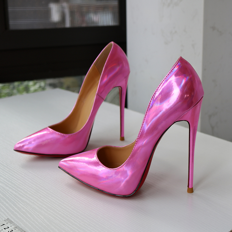 Red Sole Super High Heels Rose Pink Laser Electric Patent Leather Shallow Mouth Celebrity Banquet Princess Cross-Dressing Large Size 12cm