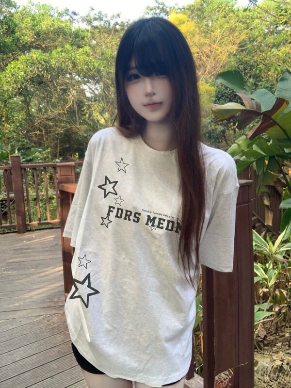 New 2026 Summer Pure Cotton Versatile Loose T-Shirt for Women with Letter and Star Print ins Style Slimming Top for Middle School Students