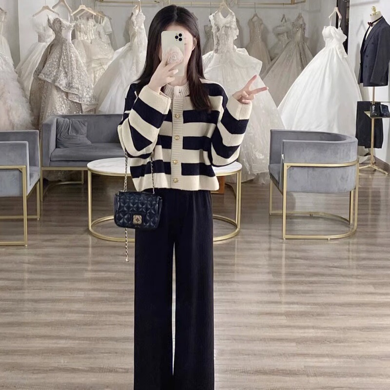 Fashion Suit Autumn and Winter New Korean Style Preppy Style Stripesd Knitted Sweater Top + Wide-Leg Pants Two-Piece Set