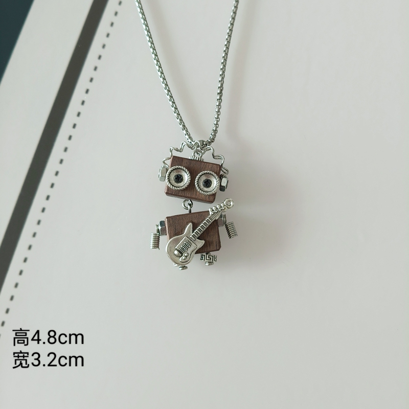 Cross-Border Creative Cute Wooden Steampunk Robot Guitarist Finished Necklace Trendy Pendant 025
