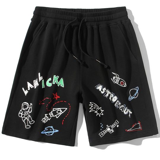香港正品潮牌夏季男装涂鸦字母印花宇航员休闲运动五分裤针织短裤