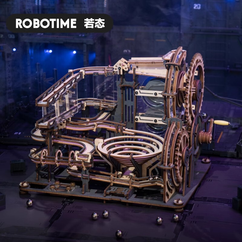 Ruoke 3D Stereo Puzzle Handmade DIY Adult Track Ball Assembly Model Wooden Mechanical Track Night City Star Port