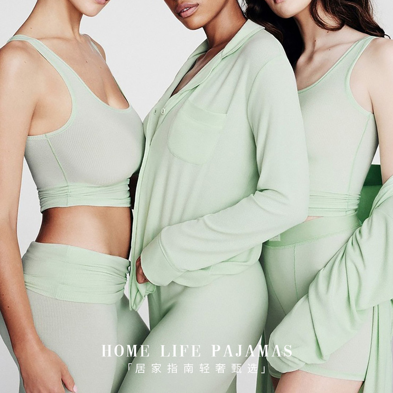 Melon Green Modal Kardashian Kim Kardashian Style Pajamas Women's New Spring and Autumn American Style Loungewear Set