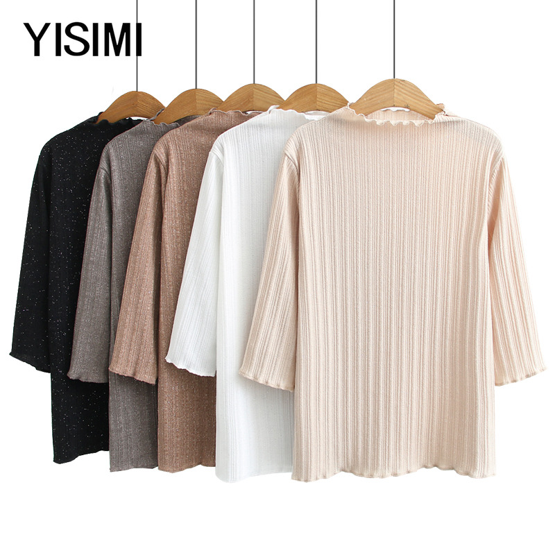 2022 spring and summer new large size women's clothing middle-aged fat mother solid color half turtleneck five-point sleeve bottoming shirt women's top