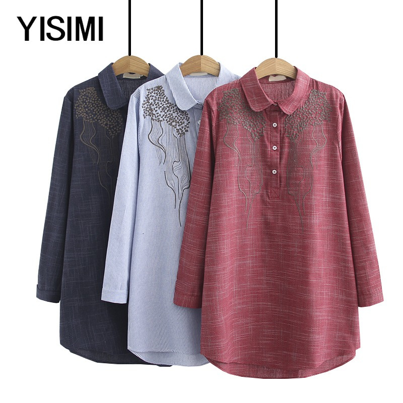 Fall middle aged fat mom large size new cotton linen embroidered long sleeve shirt middle-aged loose old man shirt